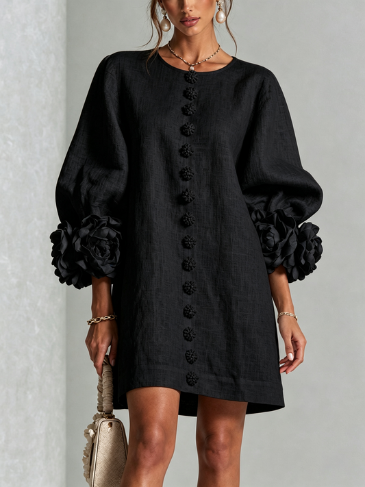 Cecilia | Vestido mini de mezcla de lino con puños rosas, negro