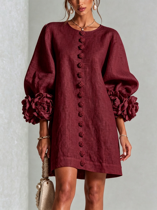 Ilaria | Vestido mini de mezcla de lino con puños en rosa y burdeos