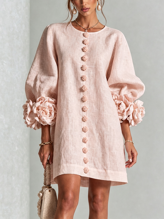 Noemi | Vestido mini de mezcla de lino con puños en rosa, rosa