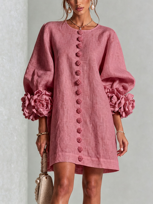 Alba | Vestido mini de mezcla de lino con puños en rosa, rosa antiguo