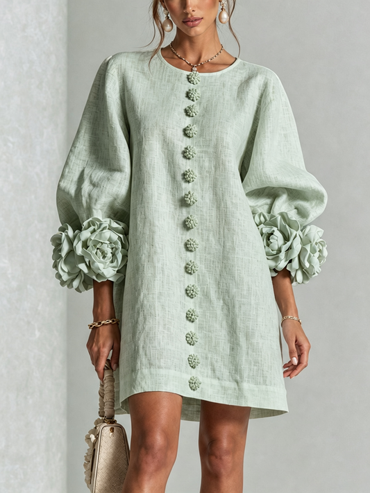 Delia | Vestido mini de mezcla de lino con puños en rosa y verde salvia