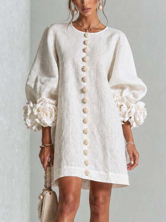 Chiara | Vestido mini de mezcla de lino con puños en rosa, blanco