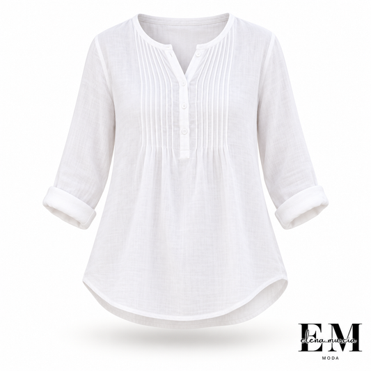 Blusa de mujer de manga larga con pliegues y cuello Henley