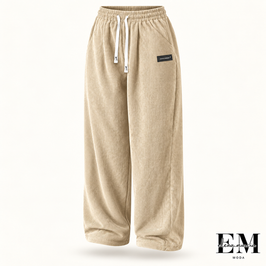 Pantalones de pana para mujer, de corte ancho y con cordón
