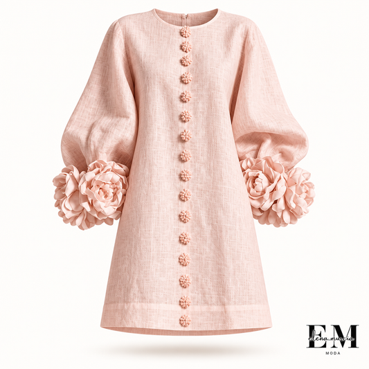 Noemi | Vestido mini de mezcla de lino con puños en rosa, rosa