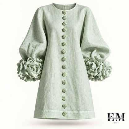 Delia | Vestido mini de mezcla de lino con puños en rosa y verde salvia