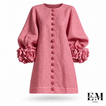 Alba | Vestido mini de mezcla de lino con puños en rosa, rosa antiguo