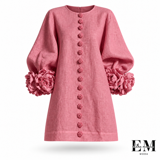 Alba | Vestido mini de mezcla de lino con puños en rosa, rosa antiguo