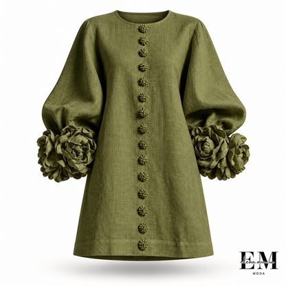 Gaia | Vestido mini de mezcla de lino con puños en rosa y verde oliva