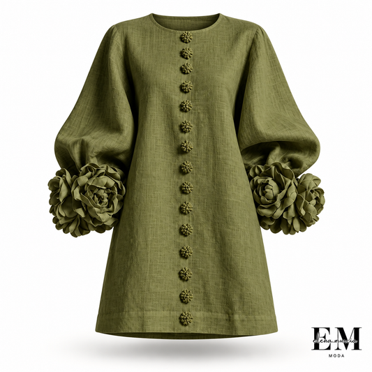 Gaia | Vestido mini de mezcla de lino con puños en rosa y verde oliva