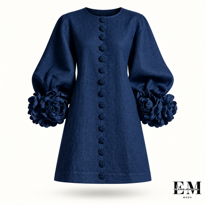 Marina | Vestido mini de mezcla de lino con puños en rosa y azul marino