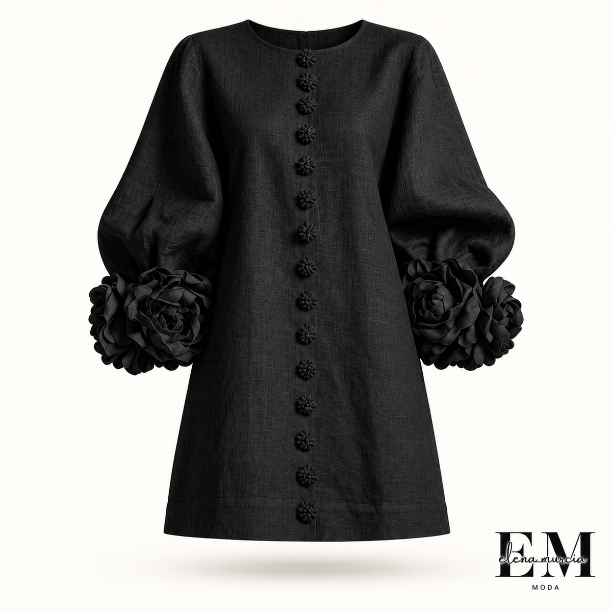 Cecilia | Vestido mini de mezcla de lino con puños rosas, negro