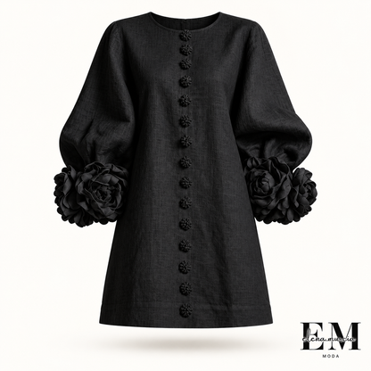 Cecilia | Vestido mini de mezcla de lino con puños rosas, negro
