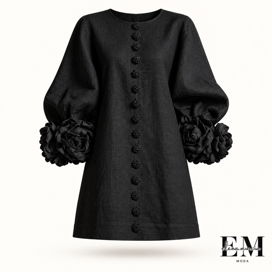 Cecilia | Vestido mini de mezcla de lino con puños rosas, negro