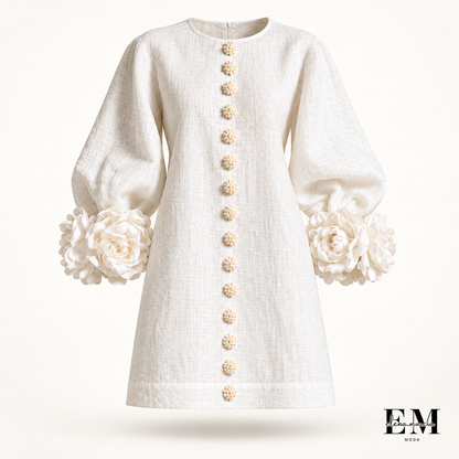 Chiara | Vestido mini de mezcla de lino con puños en rosa, blanco