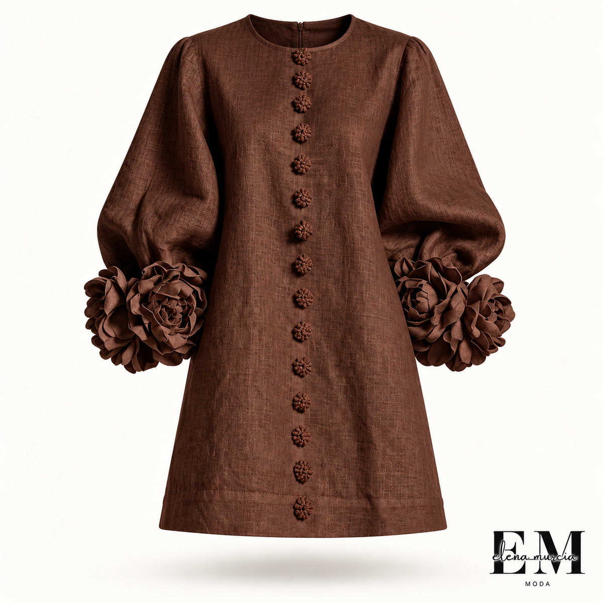 Bruna | Vestido mini de mezcla de lino con puños en rosa y marrón chocolate