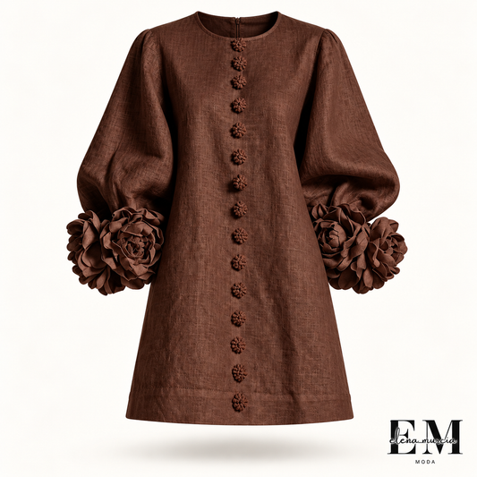 Bruna | Vestido mini de mezcla de lino con puños en rosa y marrón chocolate