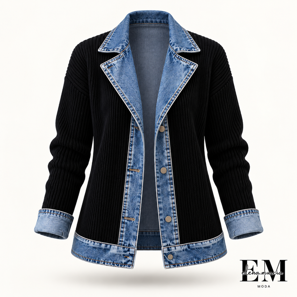 ¡50 % DE DESCUENTO! ⭐ Elegante abrigo de mujer de denim con inserción de punto acanalado