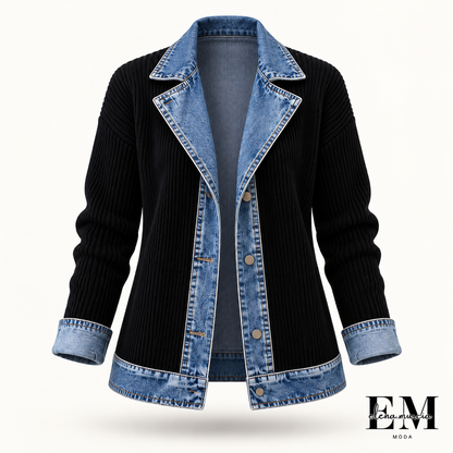 ¡50 % DE DESCUENTO! ⭐ Elegante abrigo de mujer de denim con inserción de punto acanalado