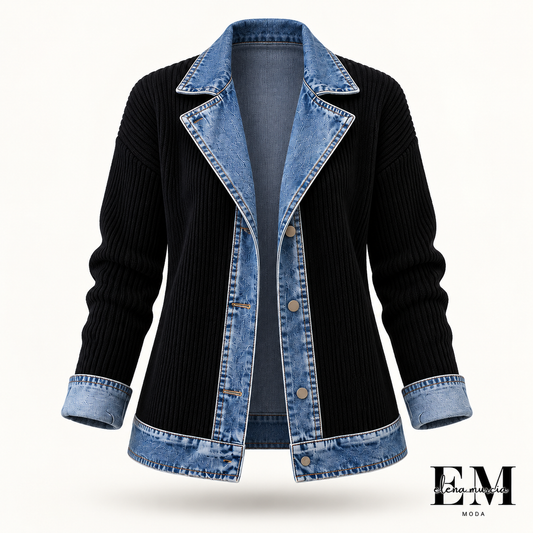 ¡50 % DE DESCUENTO! ⭐ Elegante abrigo de mujer de denim con inserción de punto acanalado