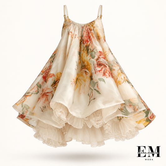 Liliana | Vestido corto de corte en A de organza beige con estampado floral y ribete de encaje