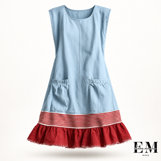 Katia | Vestido túnica sin mangas de color azul claro con una franja roja y bajo fruncido