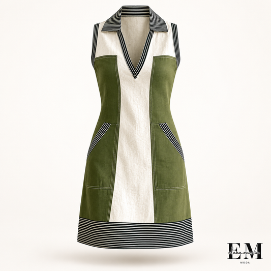 Ginestra | Vestido tipo camisa de lino sin mangas, con bloques de color, cuello y largo corto, con ribete a rayas