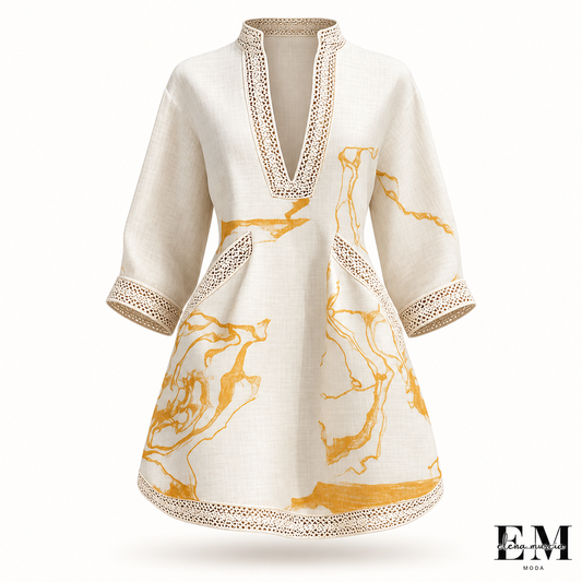 Renata - Vestido corto de encaje con estampado dorado y escote en V profundo