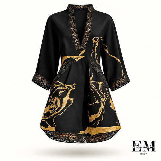 Donatella - Minivestido negro con estampado de mármol dorado y encaje de ganchillo
