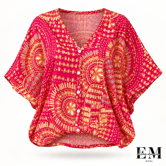 Top holgado de mujer con cuello en V y estampado, con mangas murciélago