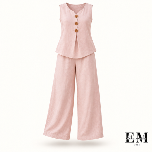 Conjunto de blusa sin mangas abotonada y pantalones holgados