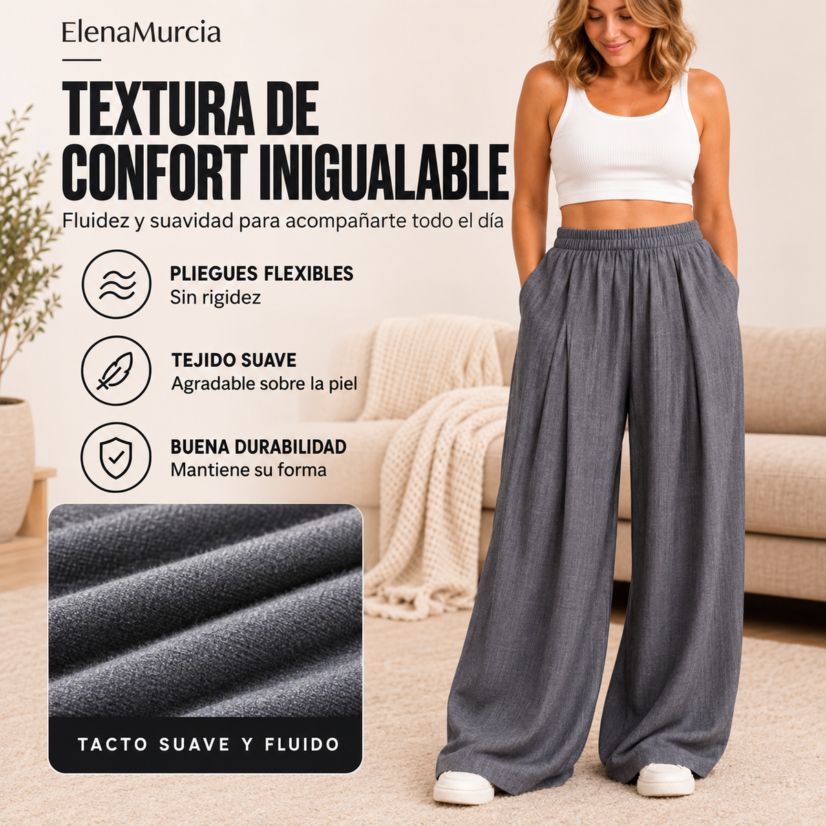 Pantalones de chándal informales de corte ancho y con pliegues para mujer