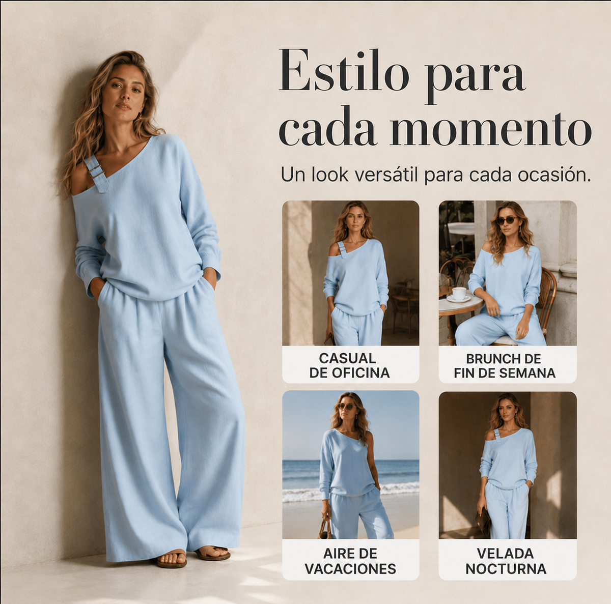 Conjunto elegante de top asimétrico y pantalón de pierna ancha para mujer.