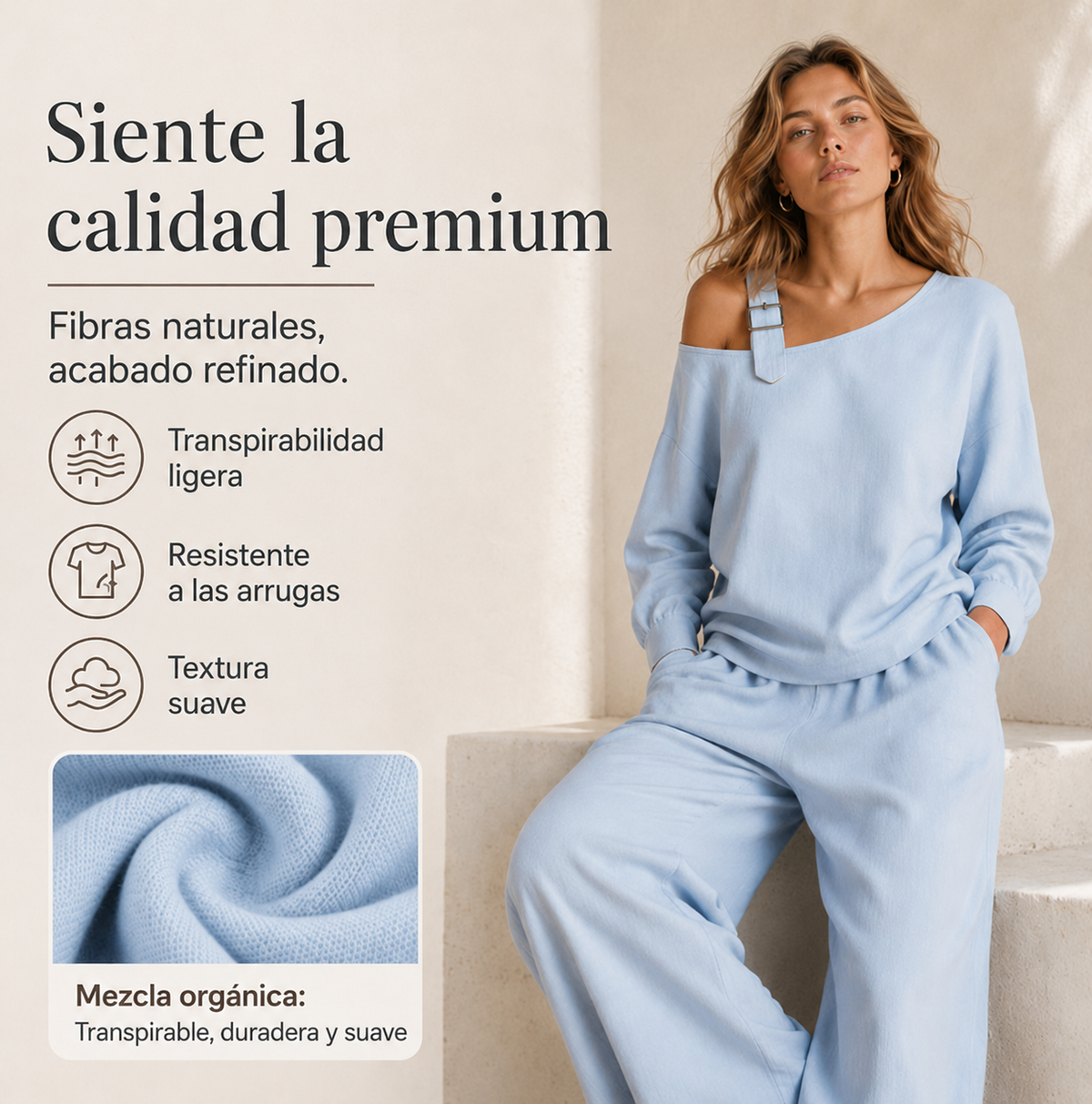 Conjunto elegante de top asimétrico y pantalón de pierna ancha para mujer.