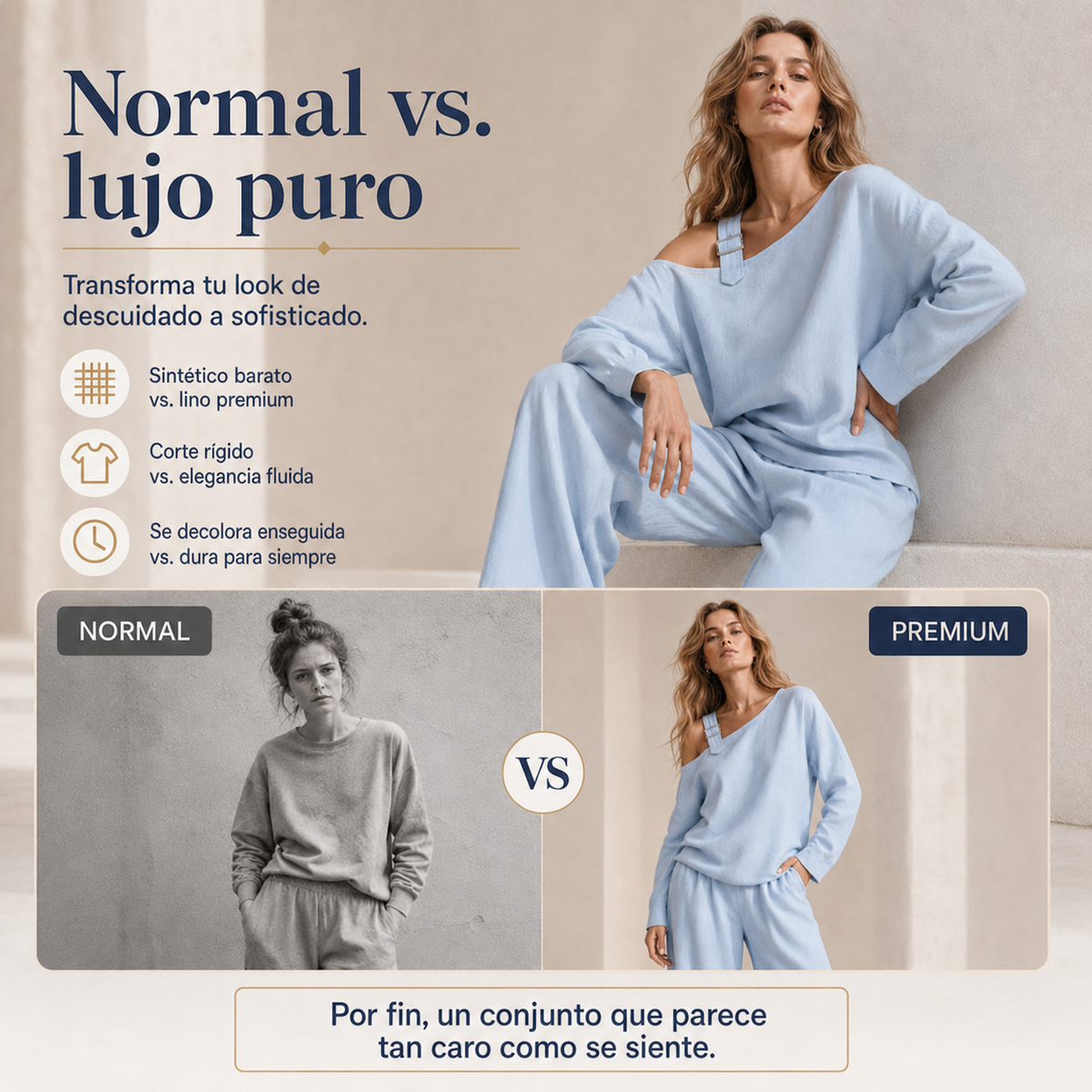 Conjunto elegante de top asimétrico y pantalón de pierna ancha para mujer.
