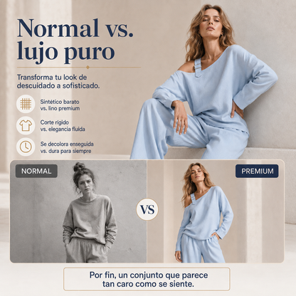 Conjunto elegante de top asimétrico y pantalón de pierna ancha para mujer.