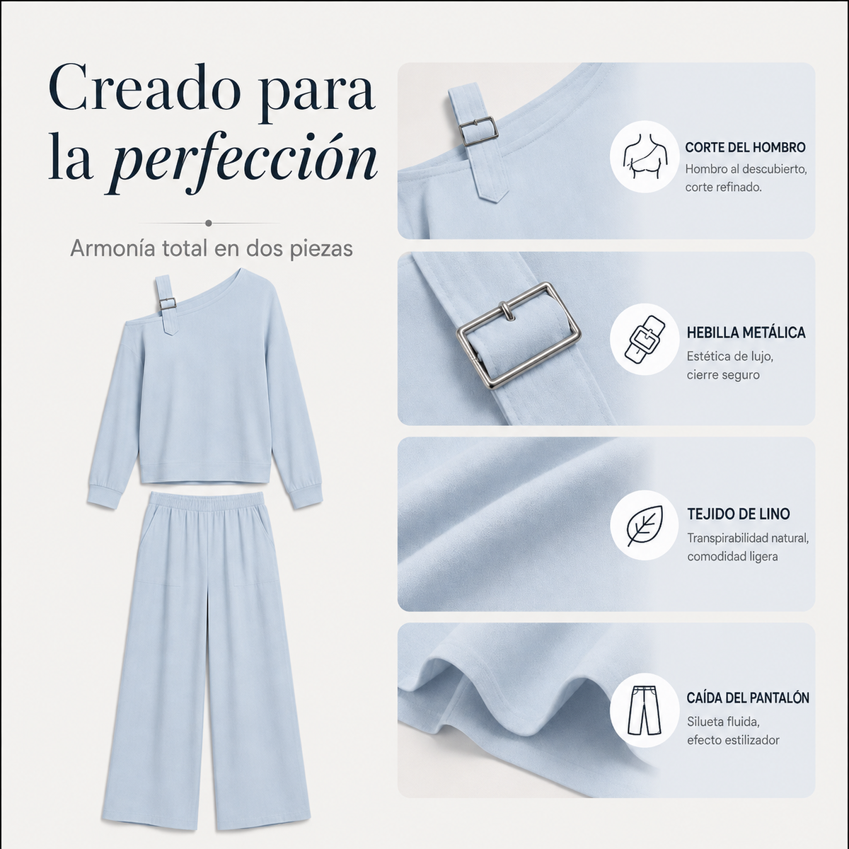 Conjunto elegante de top asimétrico y pantalón de pierna ancha para mujer.