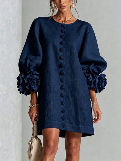 Marina | Vestido mini de mezcla de lino con puños en rosa y azul marino