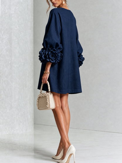 Marina | Vestido mini de mezcla de lino con puños en rosa y azul marino