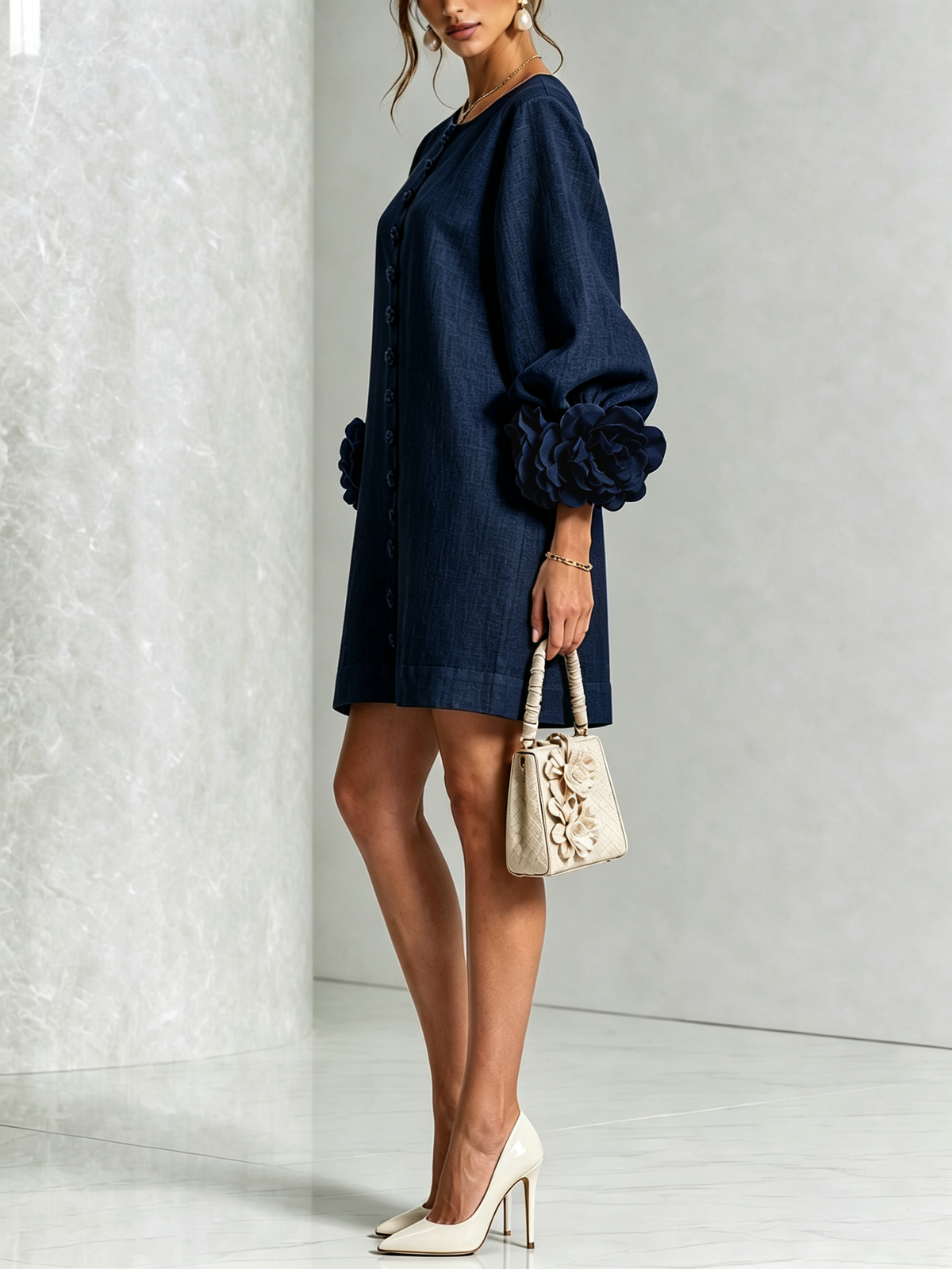 Marina | Vestido mini de mezcla de lino con puños en rosa y azul marino