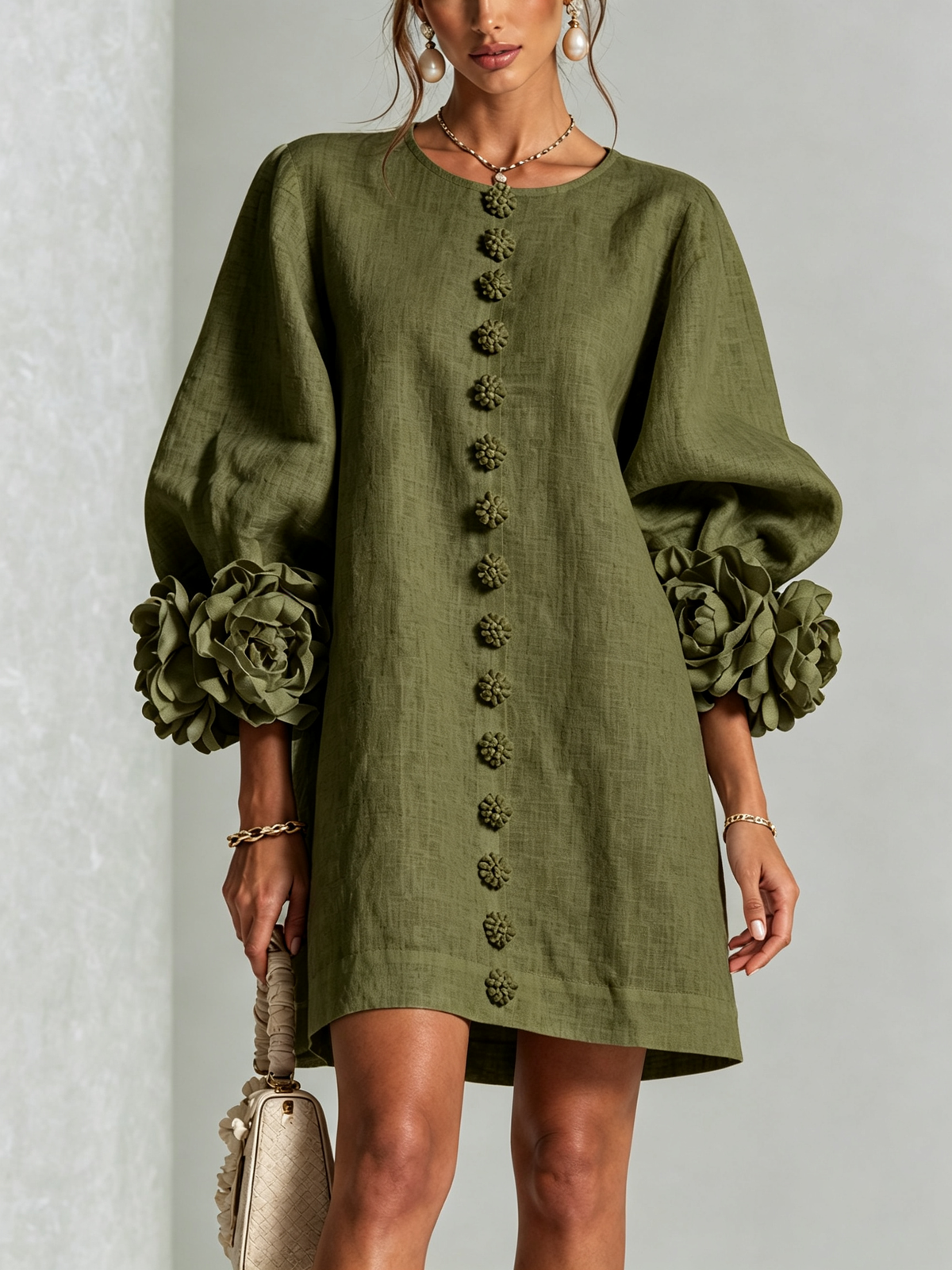 Gaia | Vestido mini de mezcla de lino con puños en rosa y verde oliva