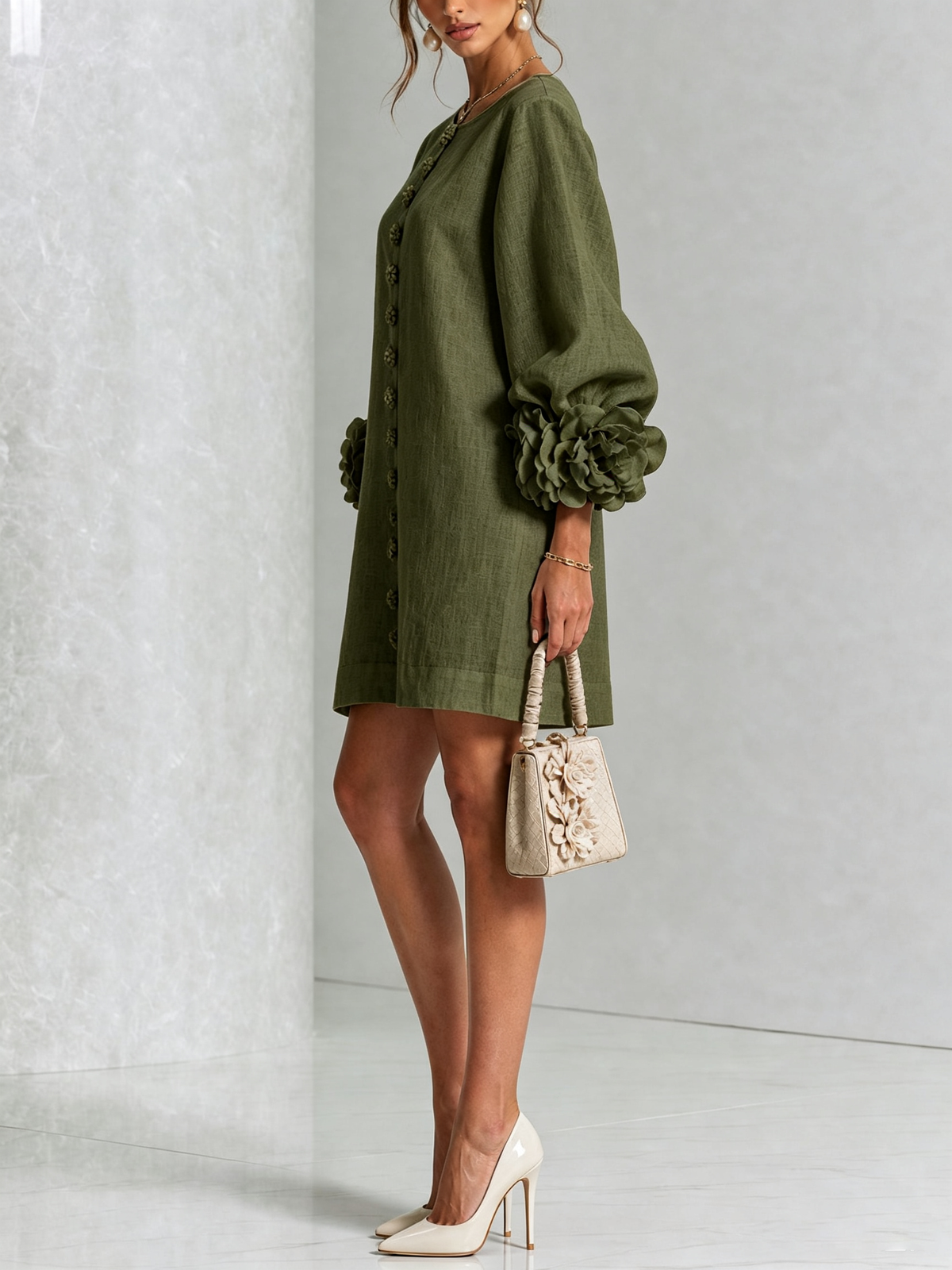 Gaia | Vestido mini de mezcla de lino con puños en rosa y verde oliva