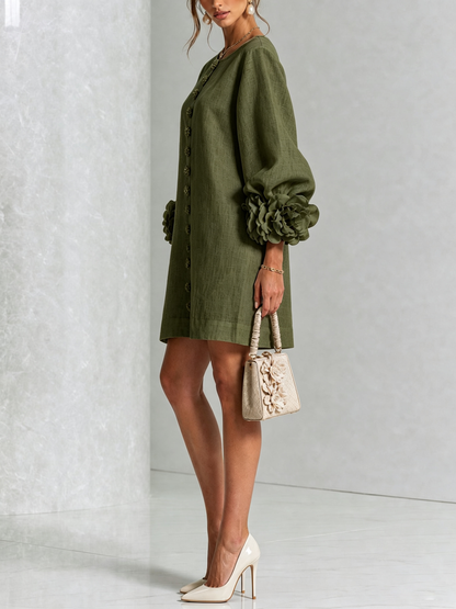 Gaia | Vestido mini de mezcla de lino con puños en rosa y verde oliva