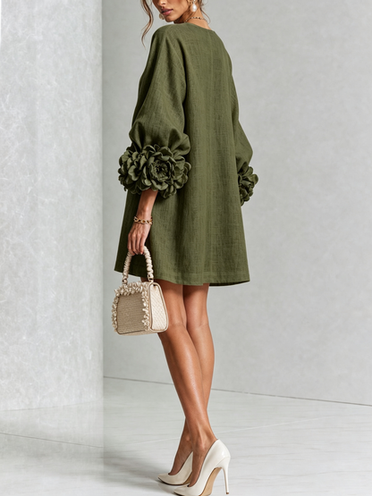 Gaia | Vestido mini de mezcla de lino con puños en rosa y verde oliva