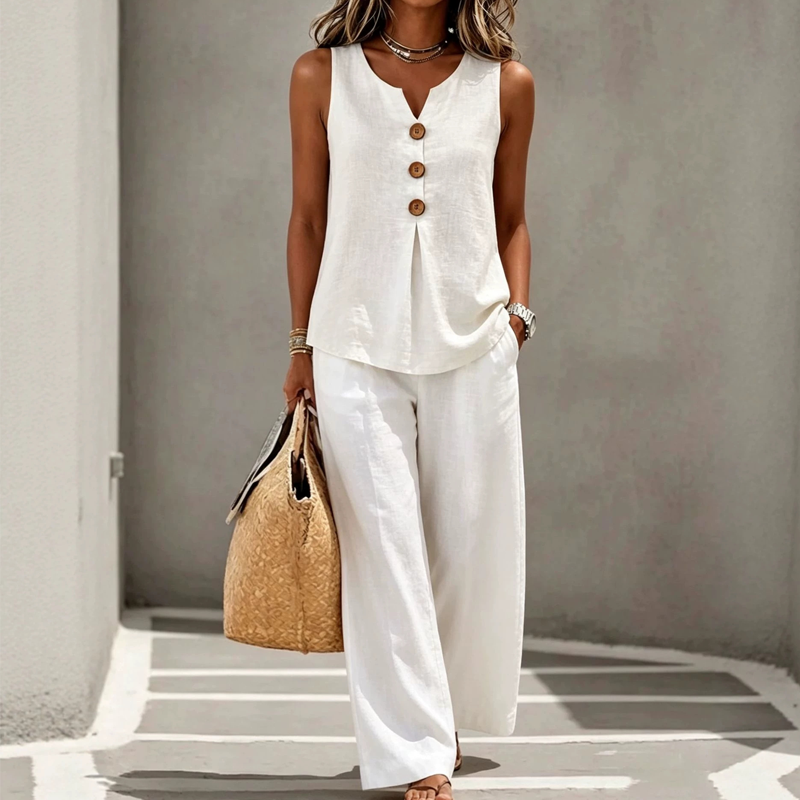 Conjunto de blusa sin mangas abotonada y pantalones holgados