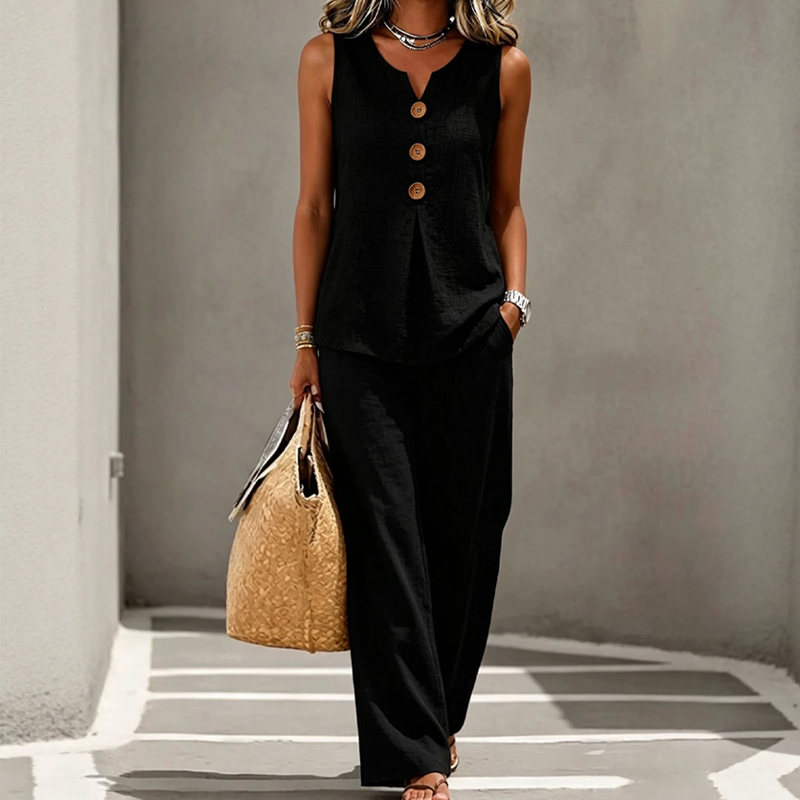 Conjunto de blusa sin mangas abotonada y pantalones holgados