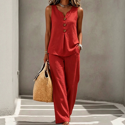 Conjunto de blusa sin mangas abotonada y pantalones holgados