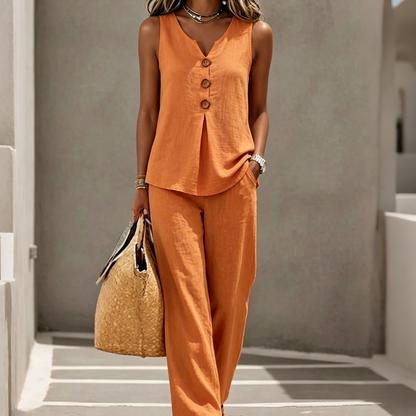 Conjunto de blusa sin mangas abotonada y pantalones holgados