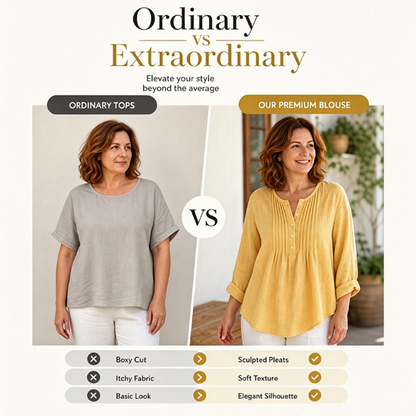 Blusa de mujer de manga larga con pliegues y cuello Henley