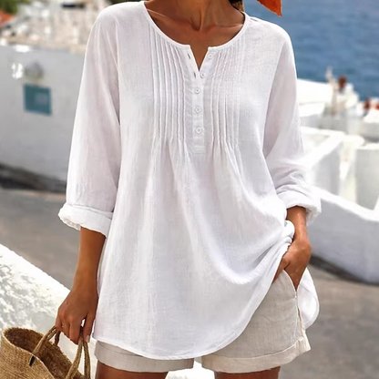 Blusa de mujer de manga larga con pliegues y cuello Henley